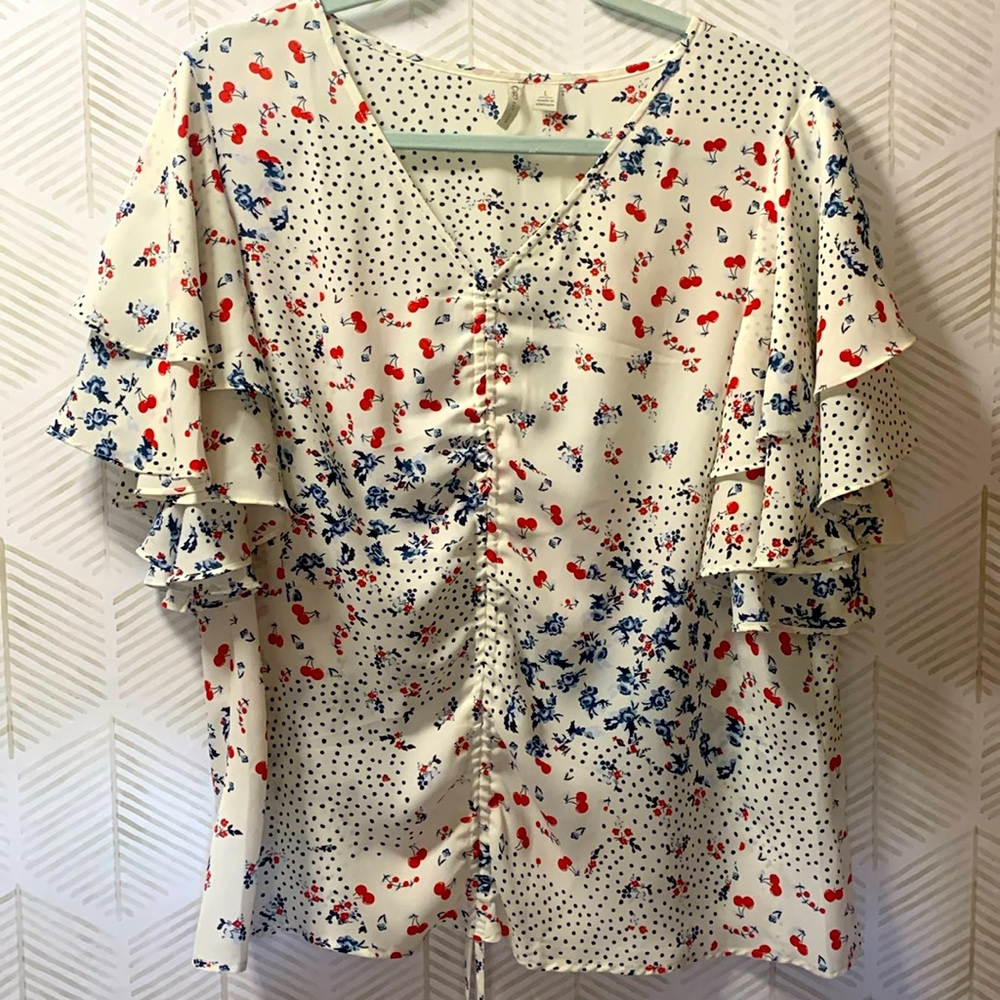 Size Large - Cato - Red, White & Blue Top with florals and cherries.